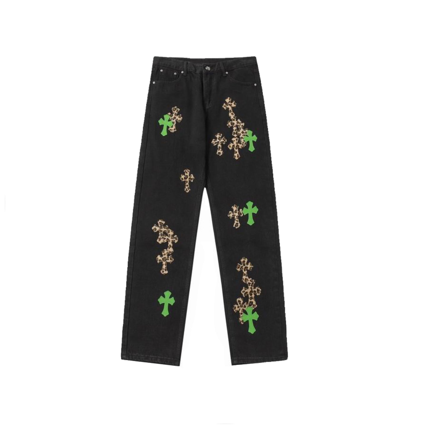CH green and leopard jeans
